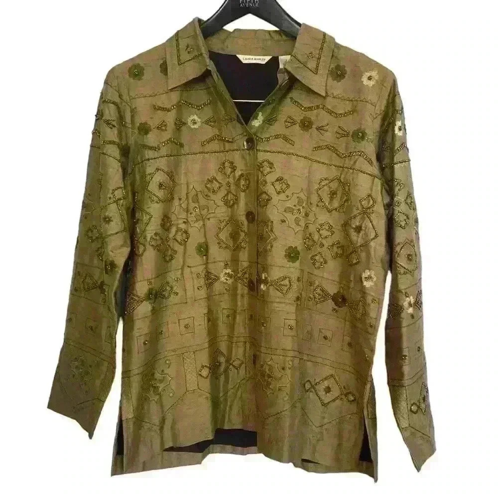 Vintage Laura Ashley Silk Beaded Jacket Size S Olive Green Boho Casual - Picture 7 of 8